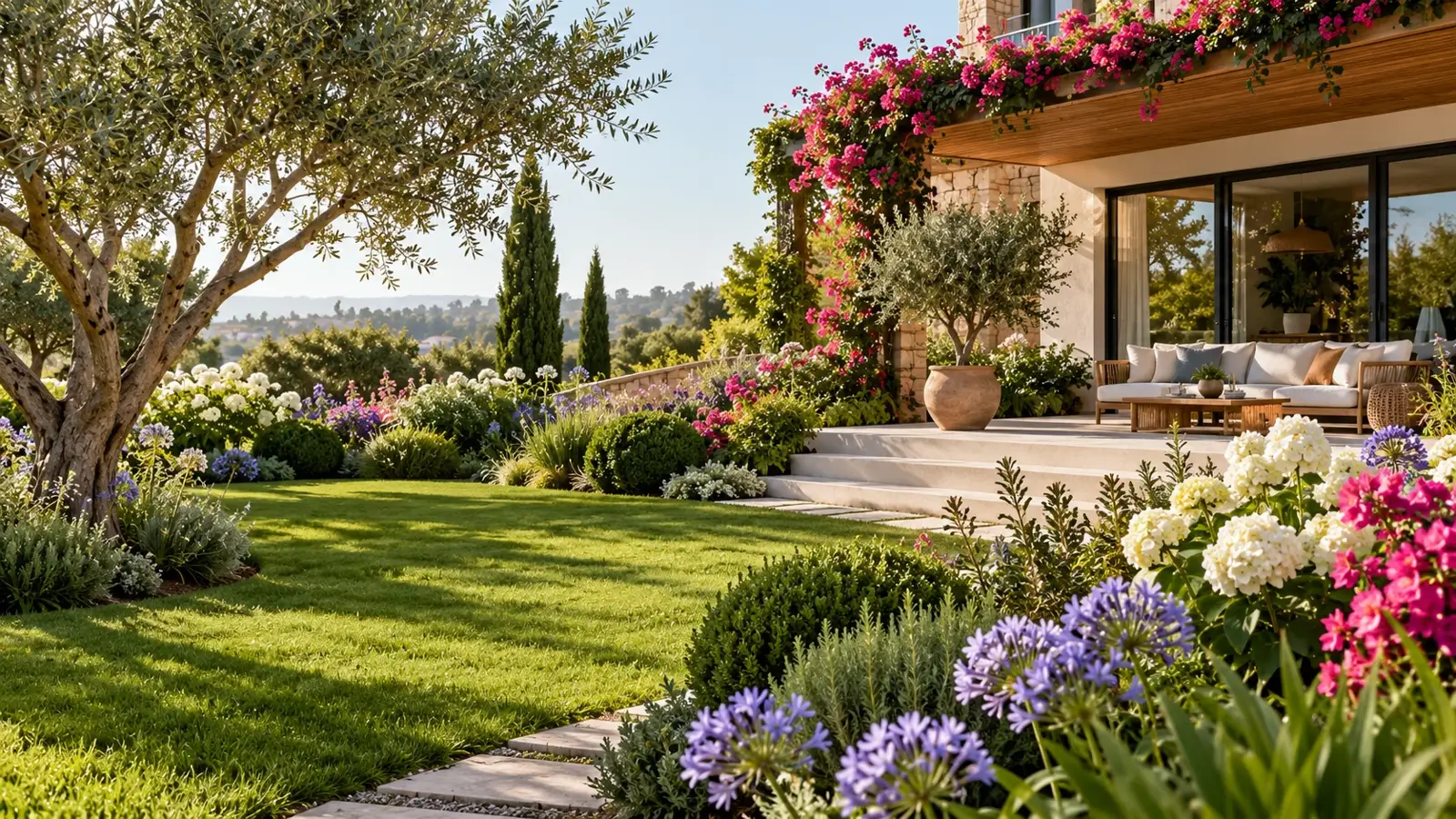 Jardim residencial com plantas e flores